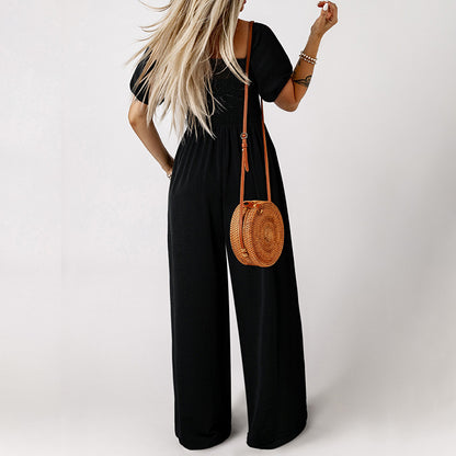 SQUARE COLLAR SHORT SLEEVE JUMPSUIT