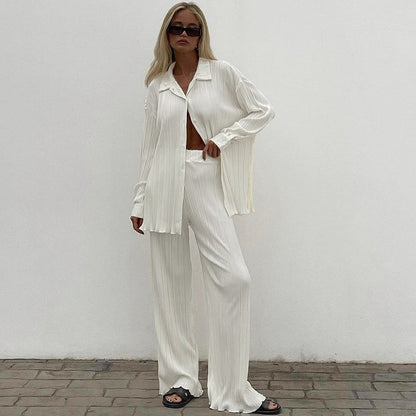 PLEATED LONG-SLEEVED SHIRT AND TROUSERS SET