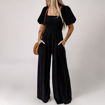 SQUARE COLLAR SHORT SLEEVE JUMPSUIT